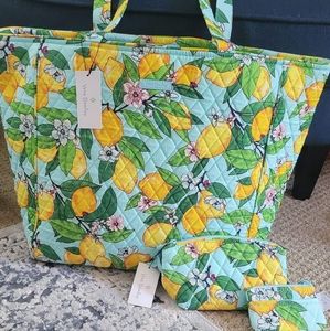 Vera Bradley Lemon Tote set with cosmetic bag and coin purse